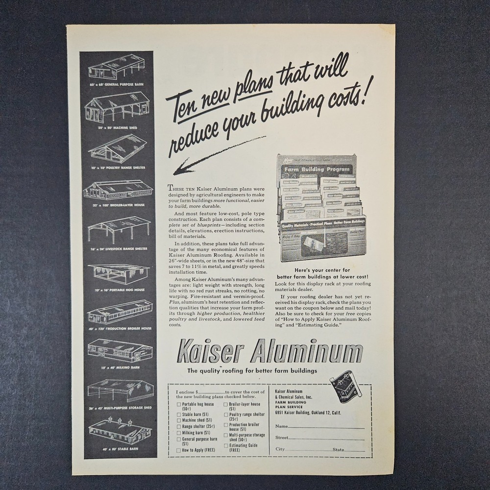 1955 Kaiser Aluminum Chemical Sales Farm Building Vintage Print Ad Oakland‎ CA